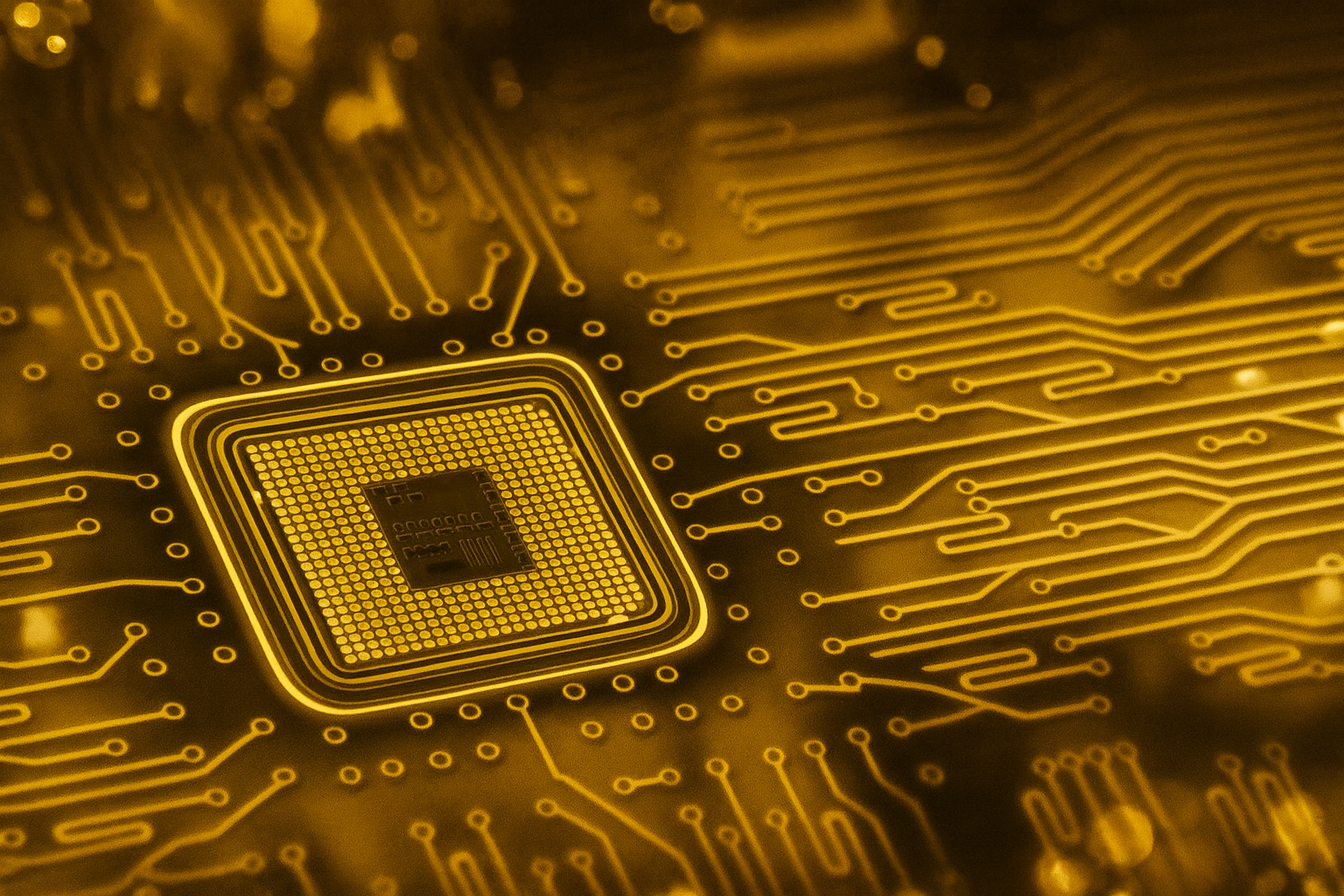 Close-up of an advanced semiconductor chip — Axiomera Consulting services background